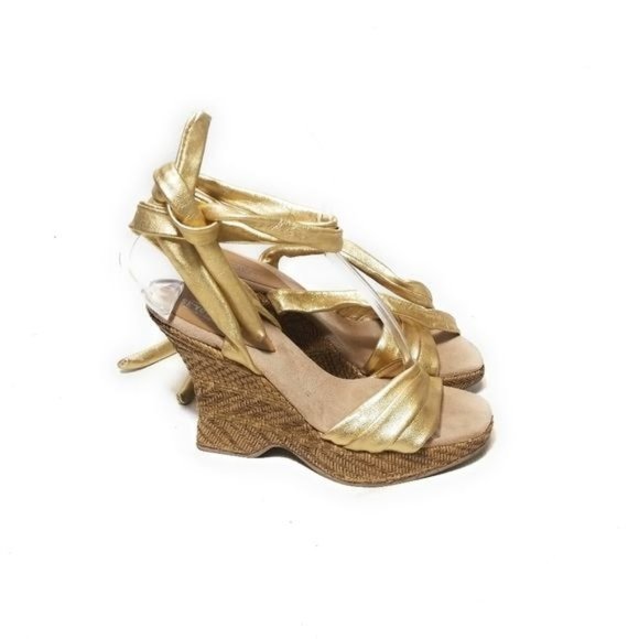 Seychelles Flamenco Lace Up Metallic Gold Wedge Cork Sandals Ankle Tie Size 6 - Picture 1 of 7